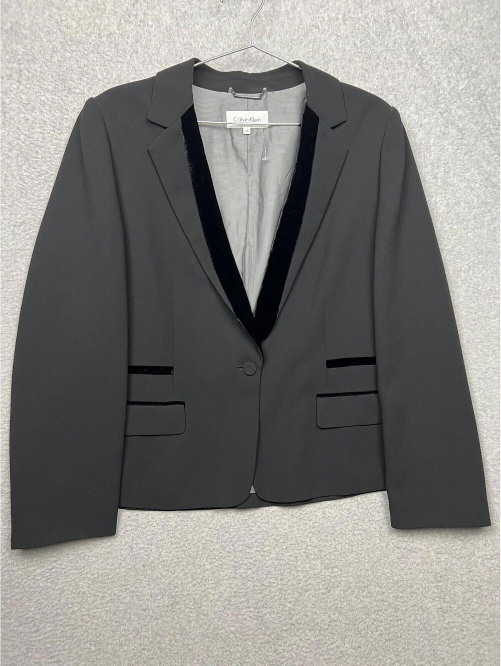 Calvin Klein Womens Velour Trim Blazer Jacket 14 Black Wedding Career Modern New